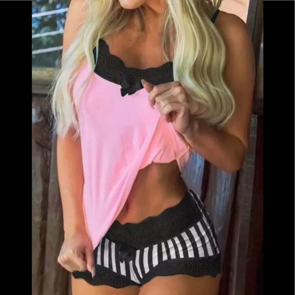 Strap Lace Pajama Set Sleeveless stripes print - Picture 1 of 4